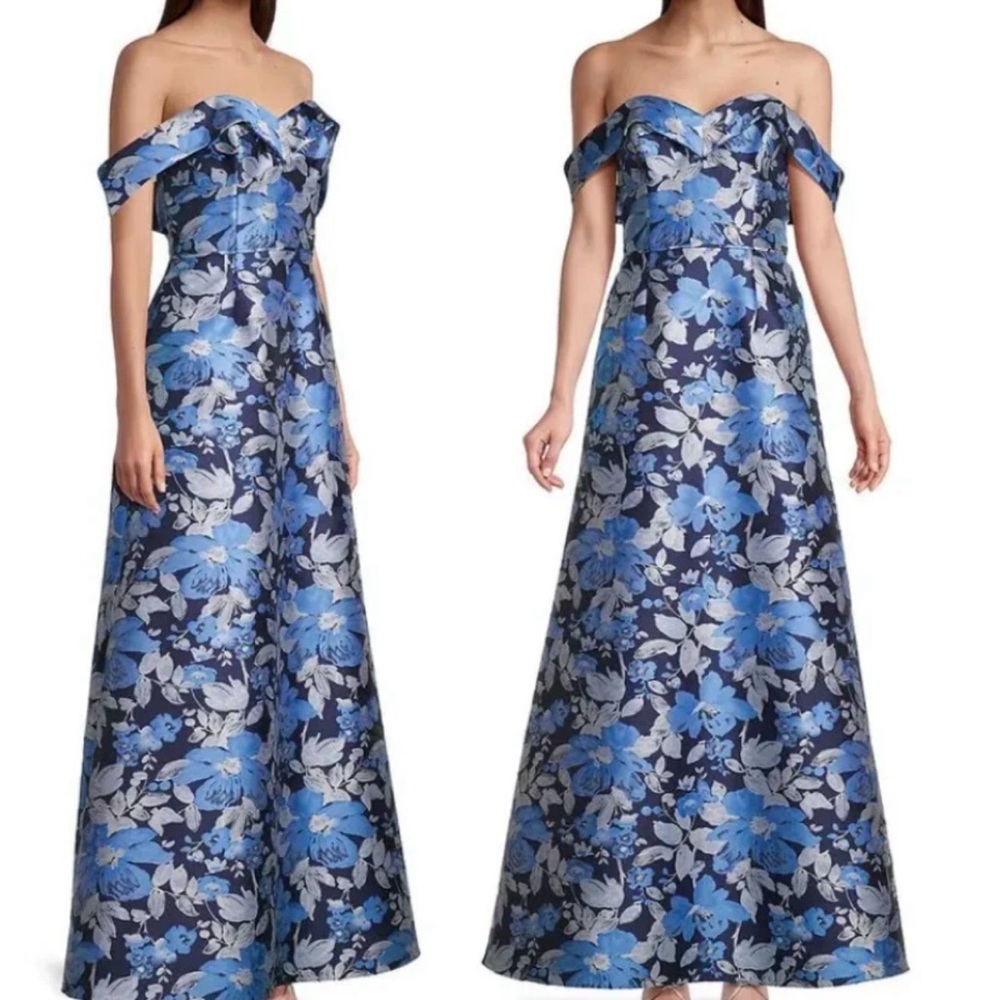 Aidan Mattox Navy and Blue Floral Off-Shoulder size 6 formal dress - Picture 3 of 9